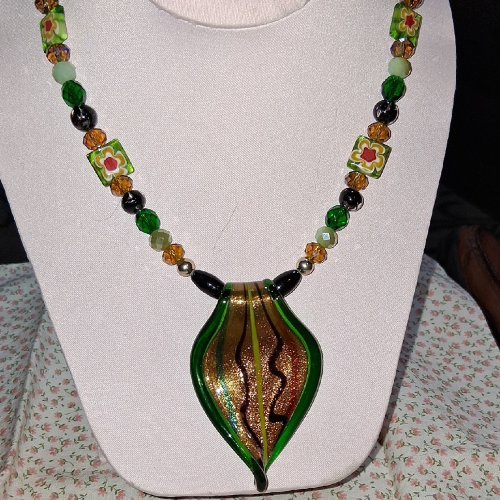 Green and Gold Glass Leaf Pendant Necklace - Women Jewelry